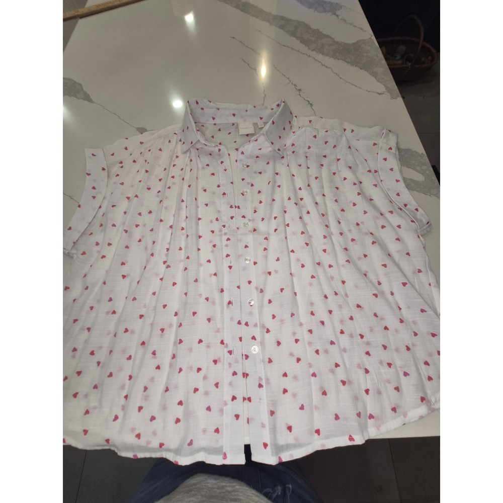 Zac & Rachel Womens XL White Pink Heart Print Button Down Sleeveless Blouse Top - Picture 4 of 6